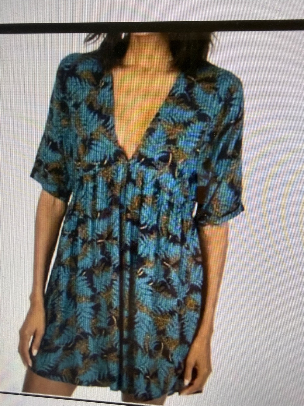 NATURAL LIFE Stella Deep V-Neck Babydoll Mini Dress Fall Teal Fern Print L/XL